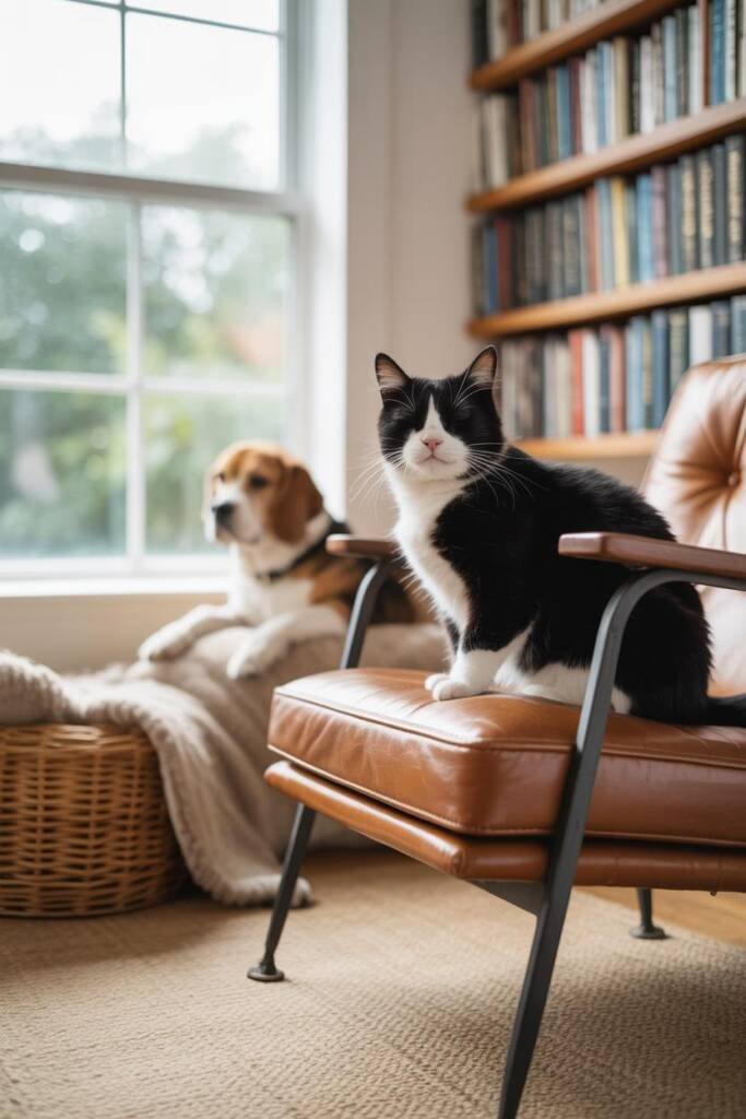 Close, crisp portrait of a tuxedo cat doing a slow blink while perched on a sofa arm; in the bokeh background a calm senior b