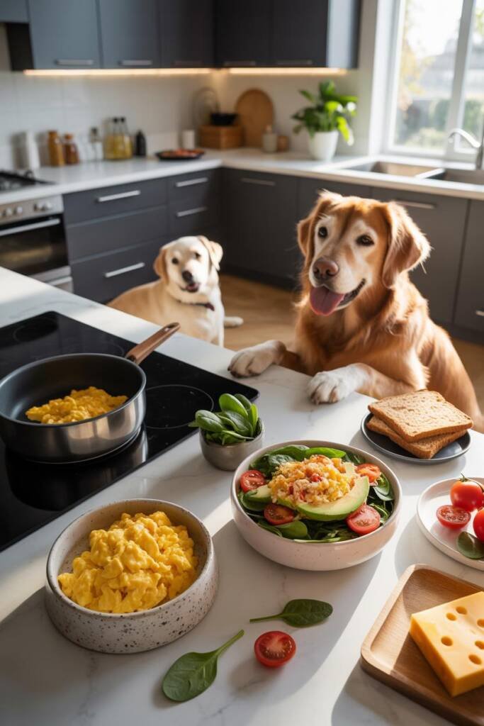 Bright morning kitchen scene with two bowls of fluffy scrambled eggs on a white marble counter. One bowl is a ceramic pet dis