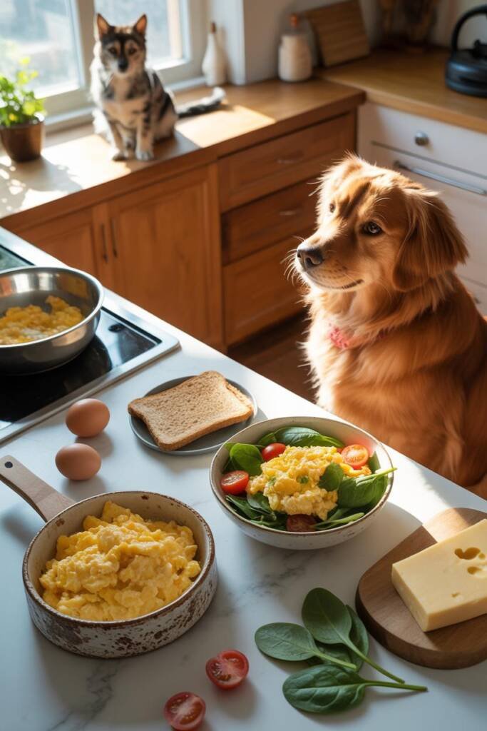 Bright morning kitchen scene with two bowls of fluffy scrambled eggs on a white marble counter. One bowl is a ceramic pet dis