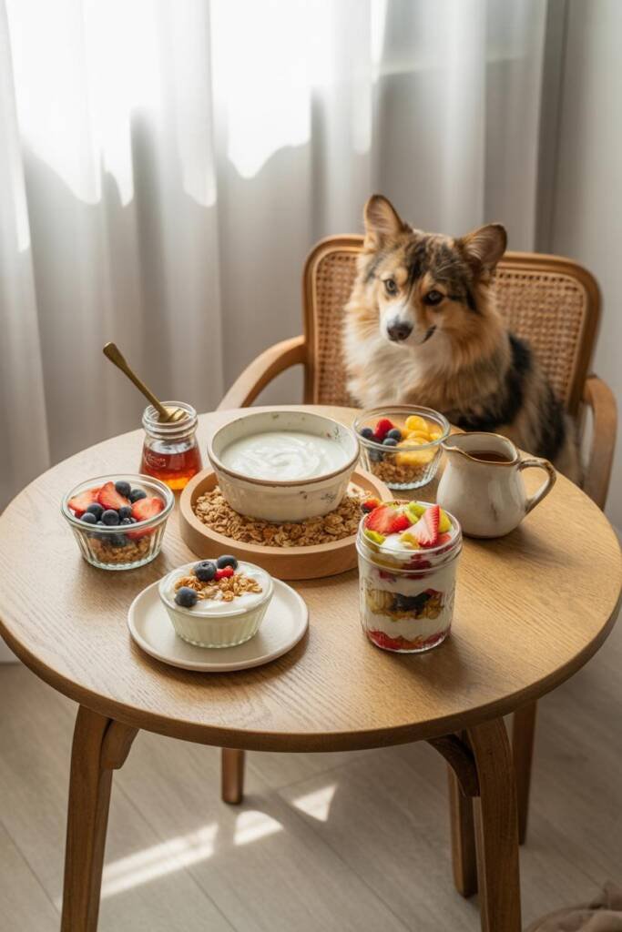 Bright breakfast bar setup with parfait assembly station. Large container of plain Greek yogurt in center surrounded by small