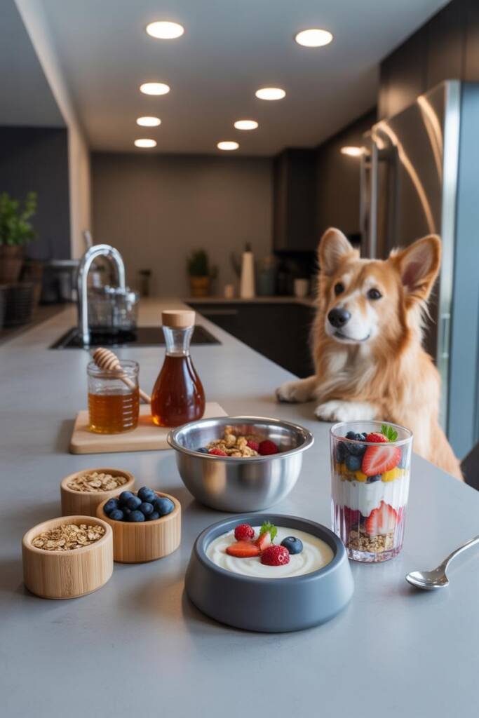 Bright breakfast bar setup with parfait assembly station. Large container of plain Greek yogurt in center surrounded by small