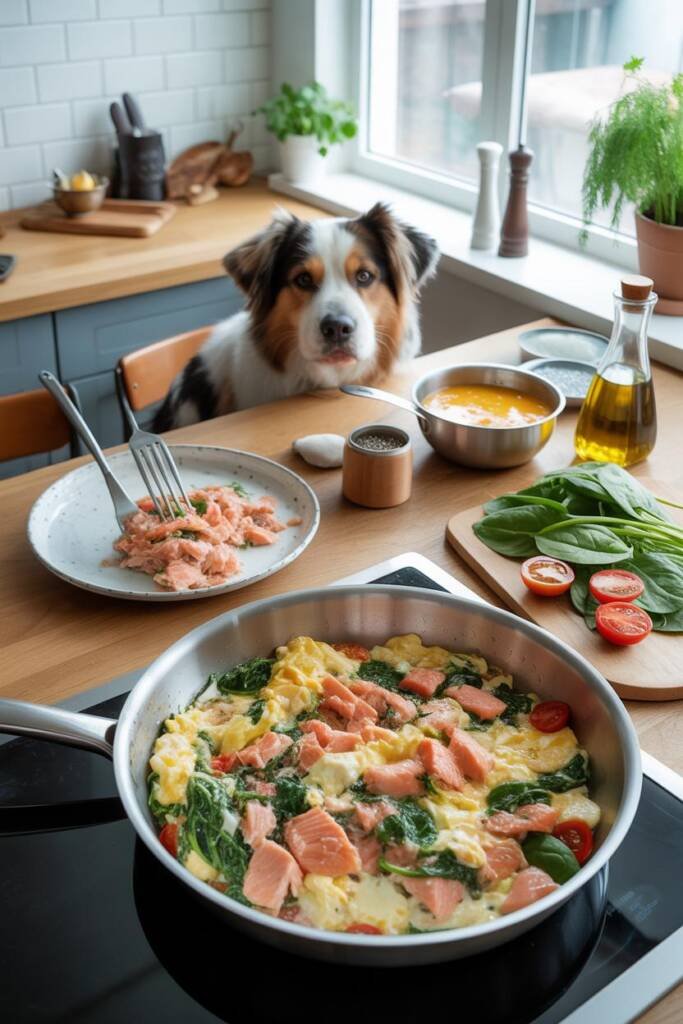 Elegant morning kitchen with skillet containing creamy scrambled eggs mixed with flaked pink salmon. Simple pet bowl shows pl