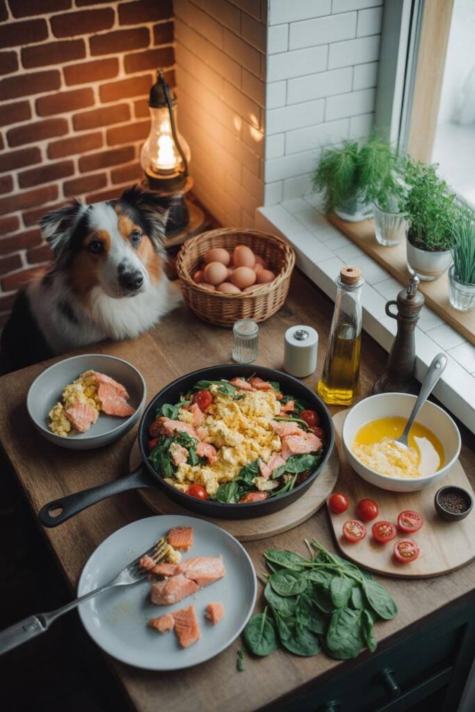 Elegant morning kitchen with skillet containing creamy scrambled eggs mixed with flaked pink salmon. Simple pet bowl shows pl