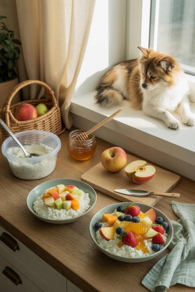 Light, airy summer kitchen with two bowls of cottage cheese on bright counter. Simple pet bowl shows cottage cheese topped wi