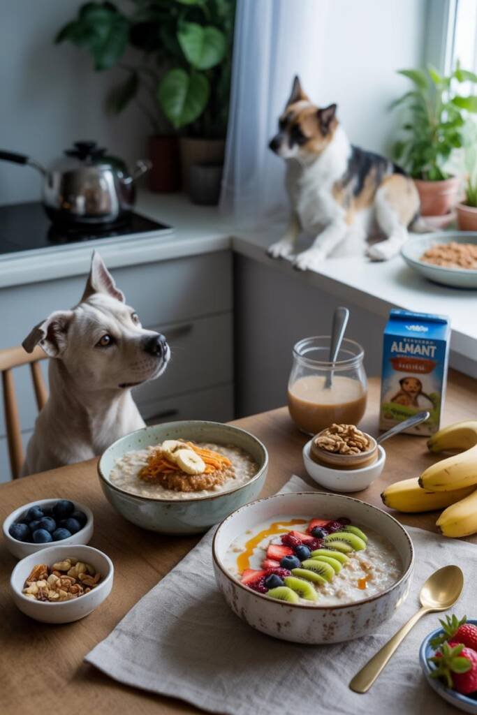 Cozy breakfast nook with two rustic ceramic bowls filled with creamy oatmeal on wooden table. Pet bowl contains plain oatmeal