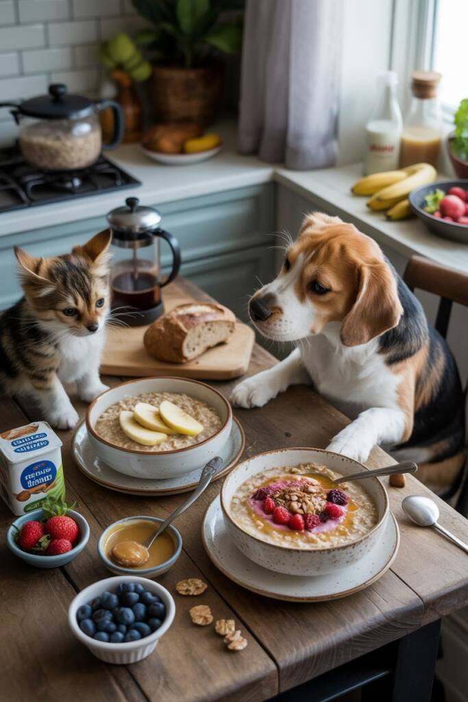 Cozy breakfast nook with two rustic ceramic bowls filled with creamy oatmeal on wooden table. Pet bowl contains plain oatmeal