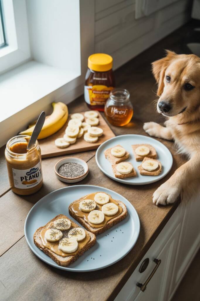 Clean, modern kitchen counter with two plates of peanut butter banana toast. Large plate has two slices of whole grain toast