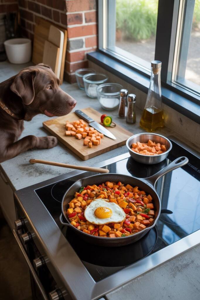 Rustic farmhouse kitchen with large cast iron skillet filled with golden crispy sweet potato hash on stovetop. Separate small