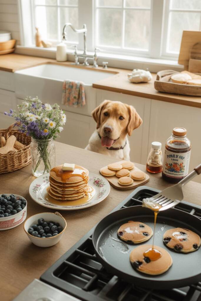 Cheerful weekend kitchen scene with griddle showing multiple pancakes cooking. Stack of regular-sized blueberry pancakes on w