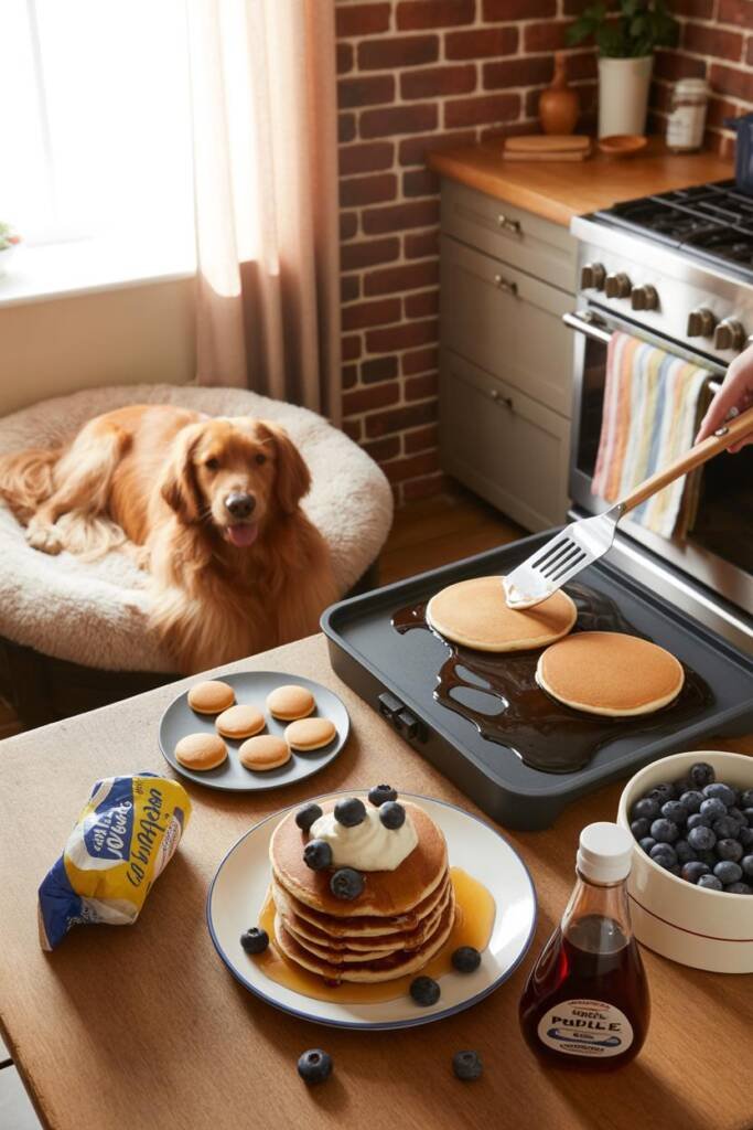 Cheerful weekend kitchen scene with griddle showing multiple pancakes cooking. Stack of regular-sized blueberry pancakes on w