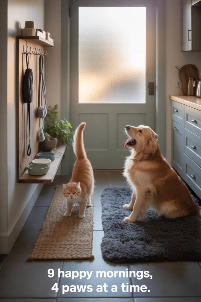 Dawn-lit kitchen nook: shorthair cat doing a long full-body stretch on a textured runner while a golden retriever finishes a
