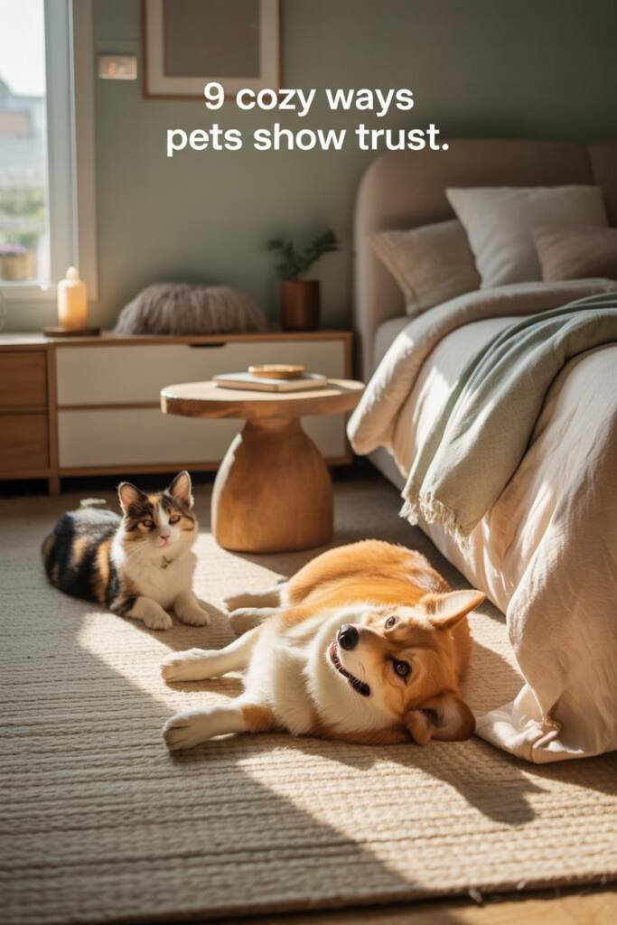 Warm bedroom floor with a soft woven rug: corgi sprawled belly-up near bed, nearby a calico cat loafs in a sun patch; linen b