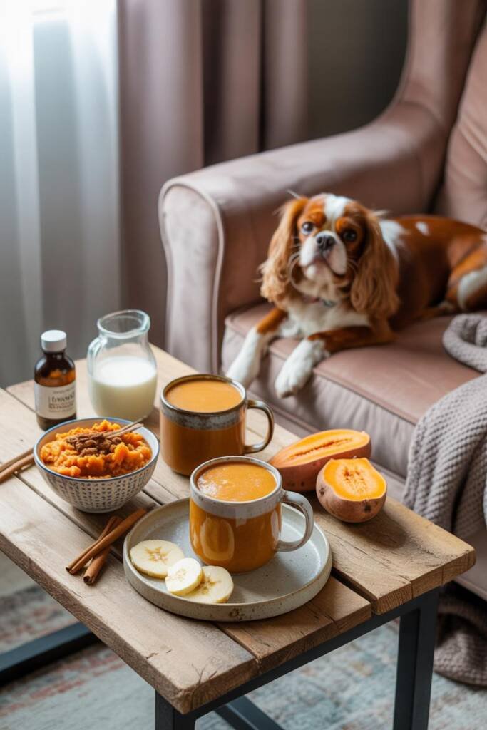 Cozy morning scene with two mugs of creamy orange-brown smoothie on rustic wood table. Baked sweet potato halves with steam r