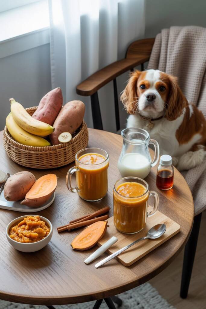 Cozy morning scene with two mugs of creamy orange-brown smoothie on rustic wood table. Baked sweet potato halves with steam r