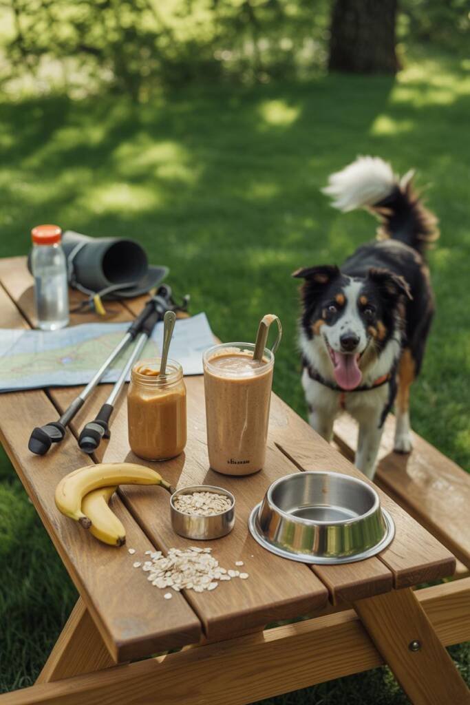 Active outdoor-inspired scene with thick tan-colored smoothie in a travel cup and stainless steel dog bowl on a wooden picnic
