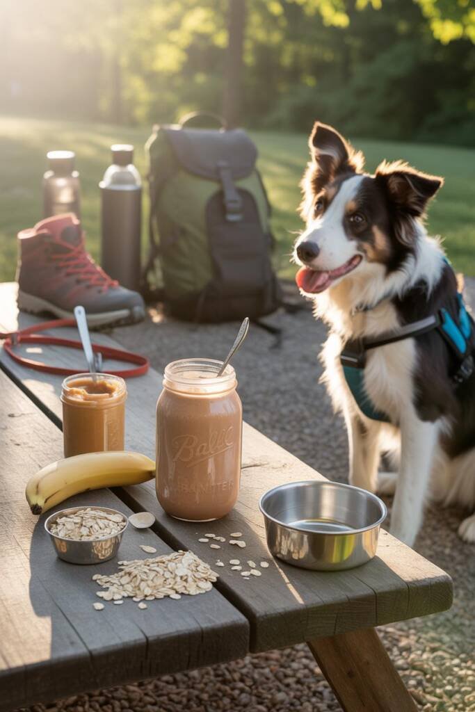 Active outdoor-inspired scene with thick tan-colored smoothie in a travel cup and stainless steel dog bowl on a wooden picnic