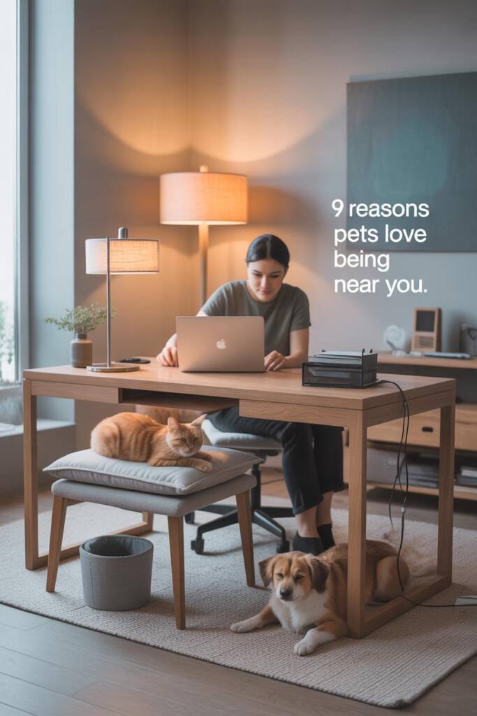 Home office vignette: person working at a desk; orange tabby curled on a cushion under chair, small mixed-breed dog sleeping