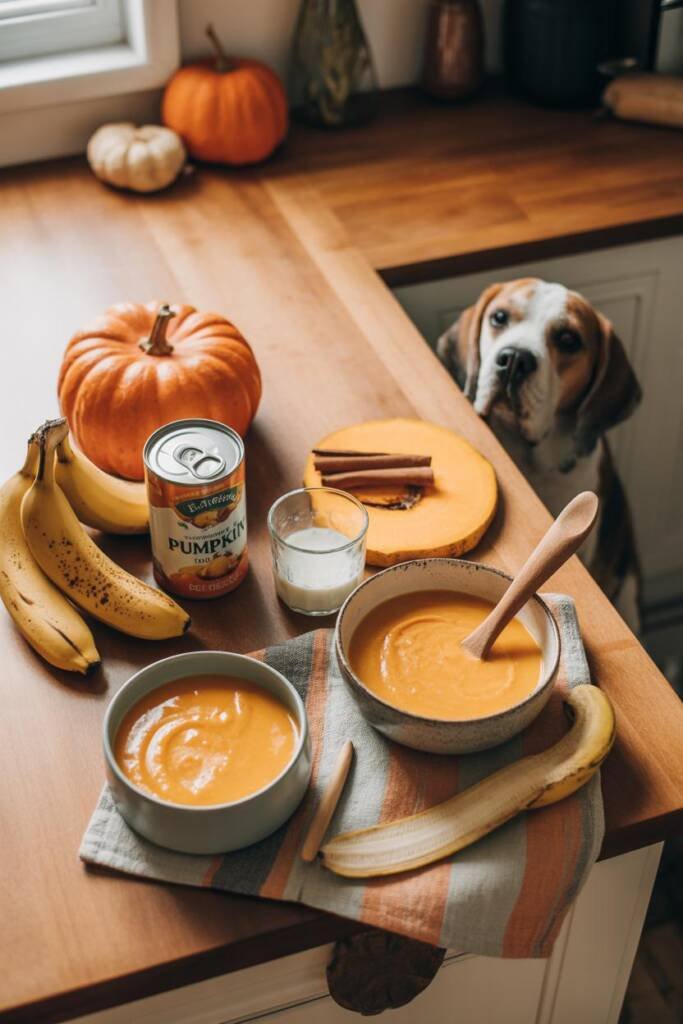 Cozy autumn-themed kitchen counter with two ceramic bowls containing creamy orange smoothies. Can of pure pumpkin puree and r