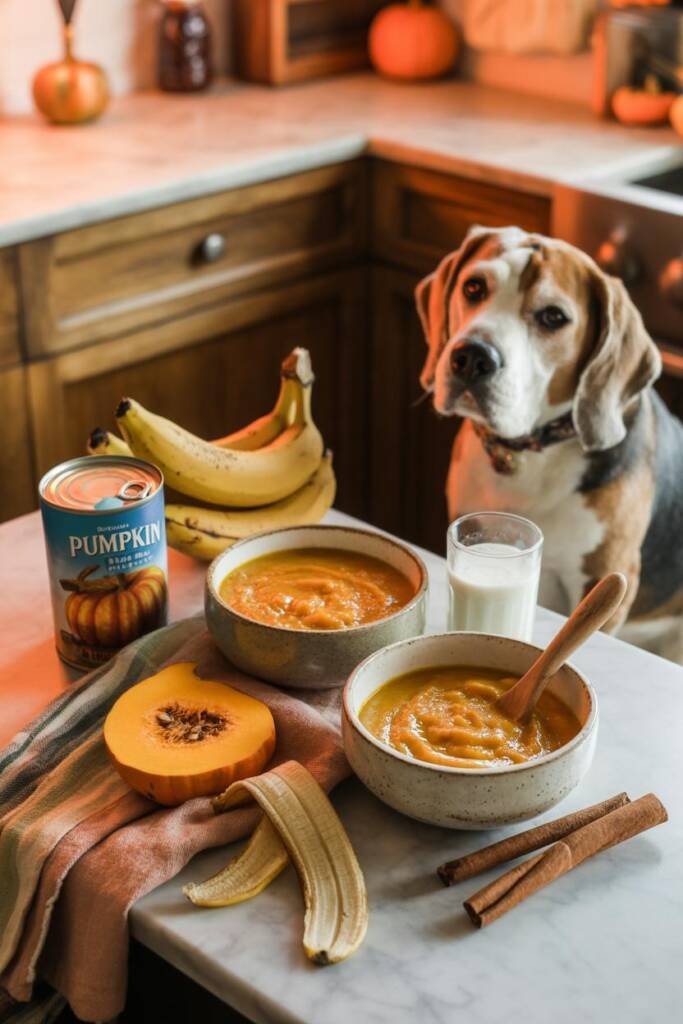 Cozy autumn-themed kitchen counter with two ceramic bowls containing creamy orange smoothies. Can of pure pumpkin puree and r