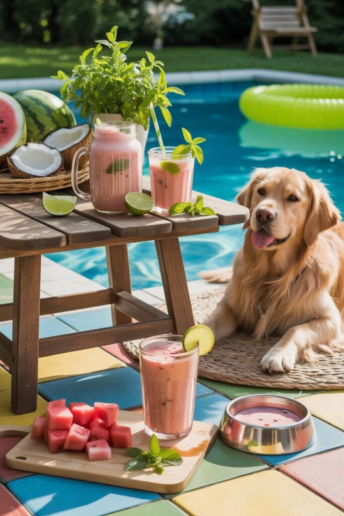 Bright summer poolside scene with tall glass of pale pink smoothie garnished with mint sprig and matching dog bowl on colorfu