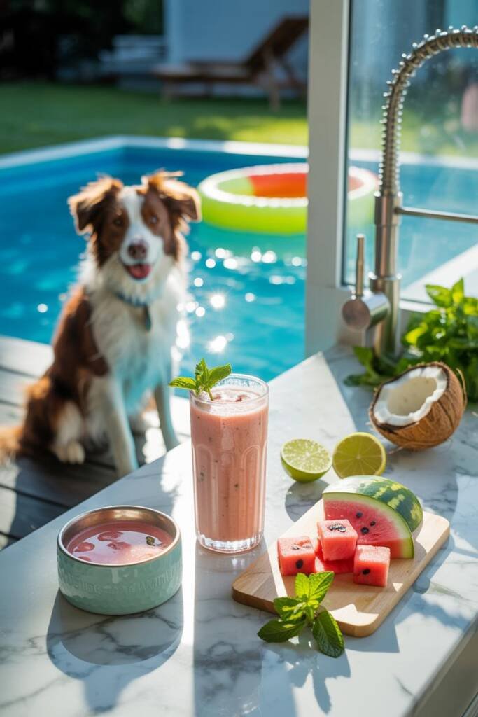 Bright summer poolside scene with tall glass of pale pink smoothie garnished with mint sprig and matching dog bowl on colorfu