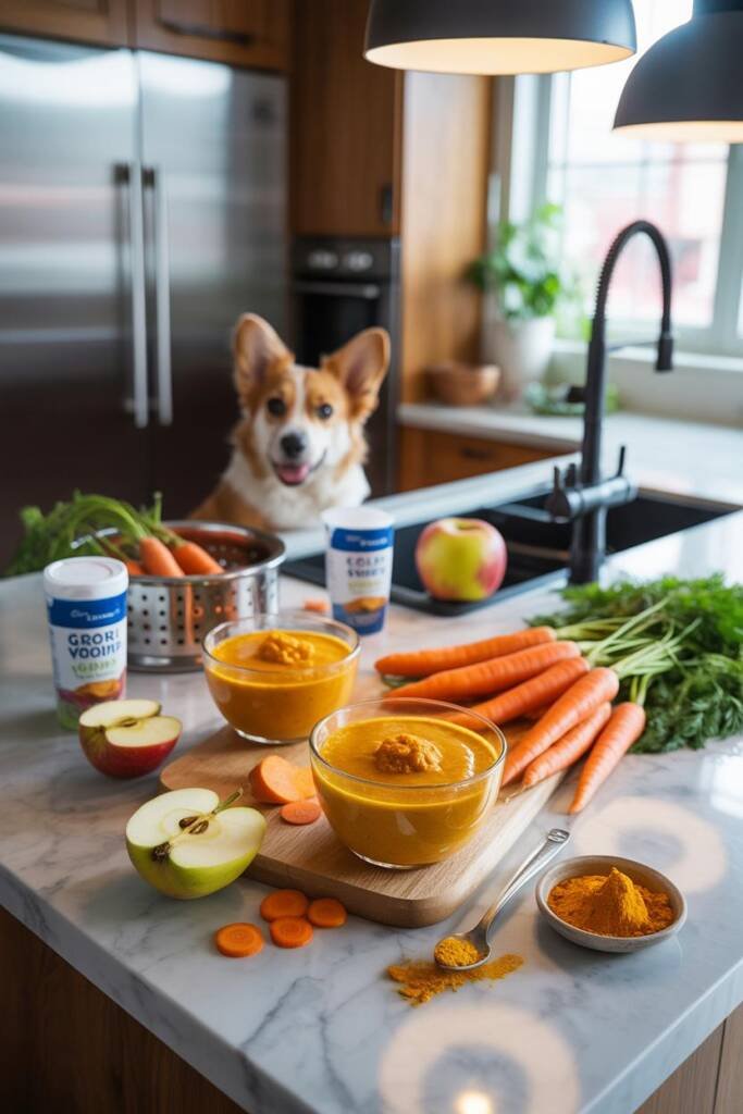 Warm kitchen setting with two bowls of golden-orange smoothie on butcher block counter. Fresh carrots with green tops, sliced