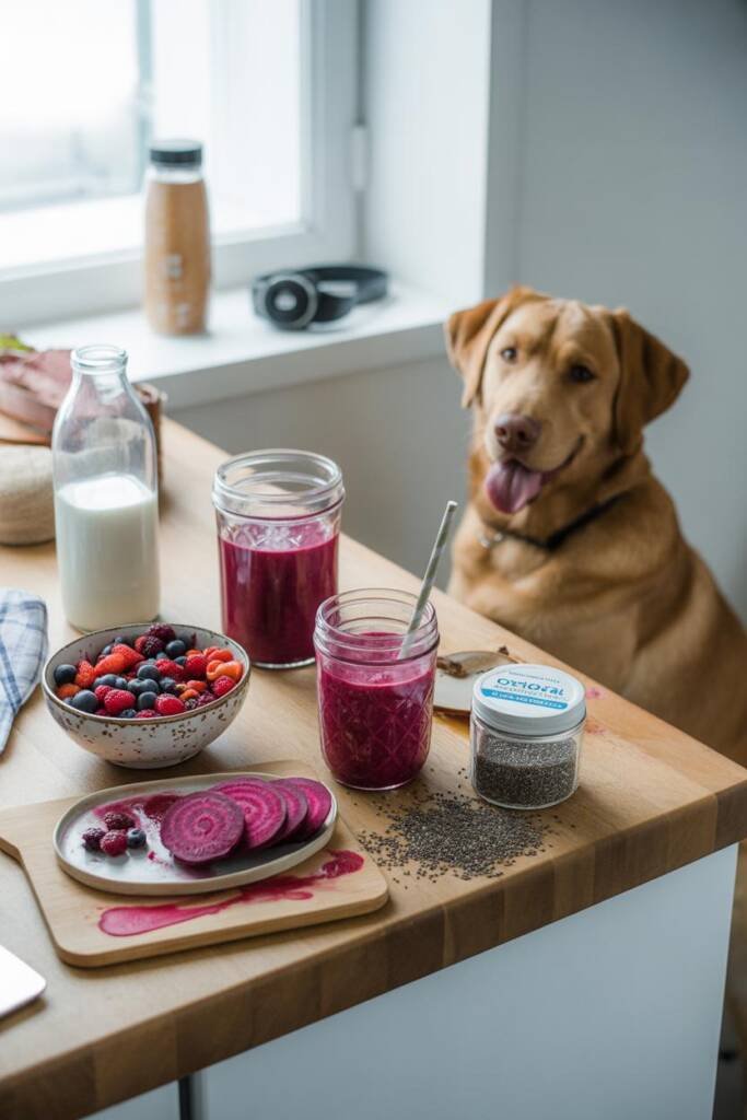 Athletic kitchen scene with two clear glasses filled with vibrant magenta smoothie on modern white counter. Fresh mixed berri