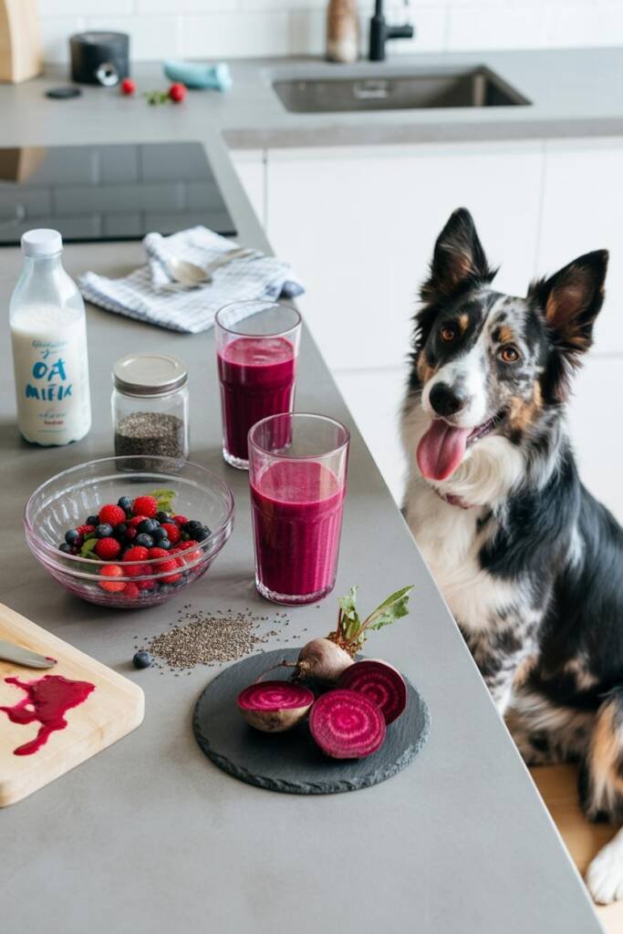 Athletic kitchen scene with two clear glasses filled with vibrant magenta smoothie on modern white counter. Fresh mixed berri