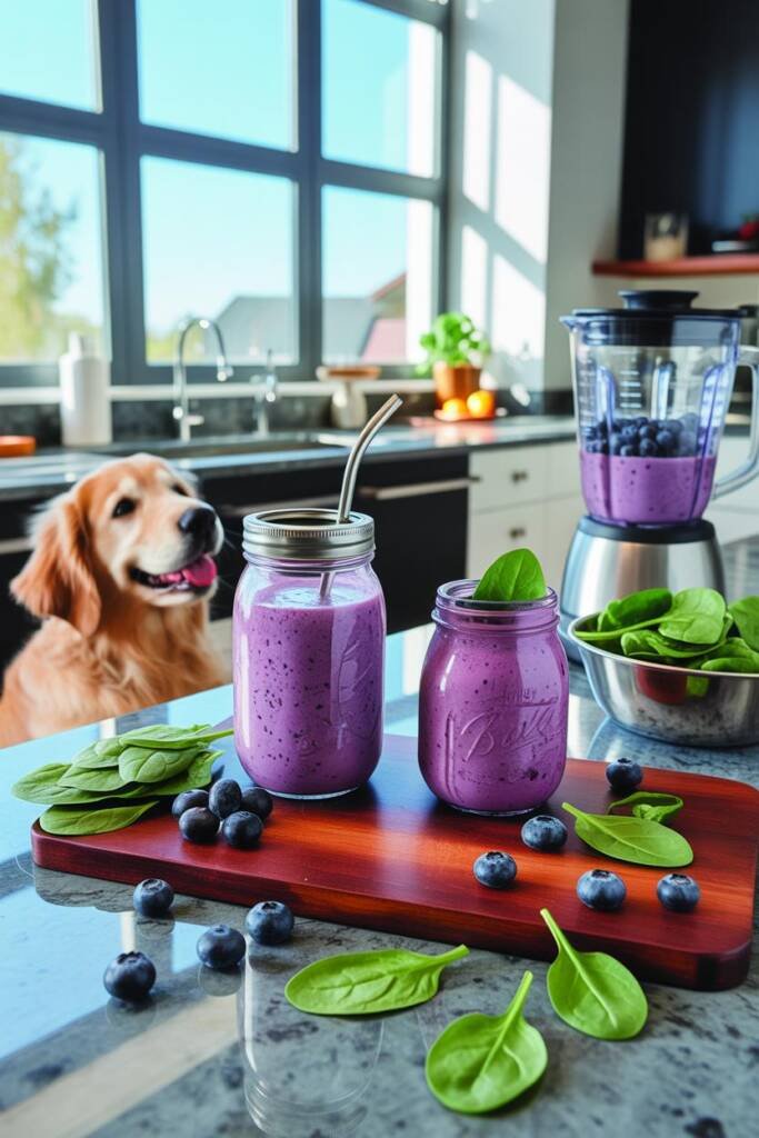 Bright kitchen scene with two identical mason jars filled with vibrant purple-blue smoothies on a white marble counter. Fresh