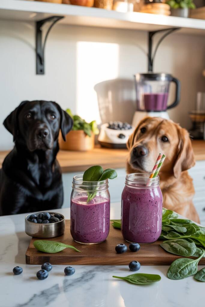 Bright kitchen scene with two identical mason jars filled with vibrant purple-blue smoothies on a white marble counter. Fresh