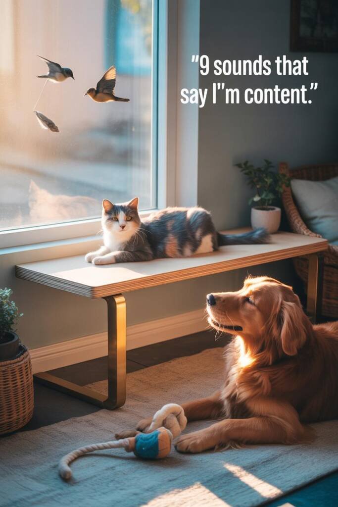 Window perch scene: silver tabby chirps at birds outside while a friendly spaniel gives a soft playful bark holding a rope to