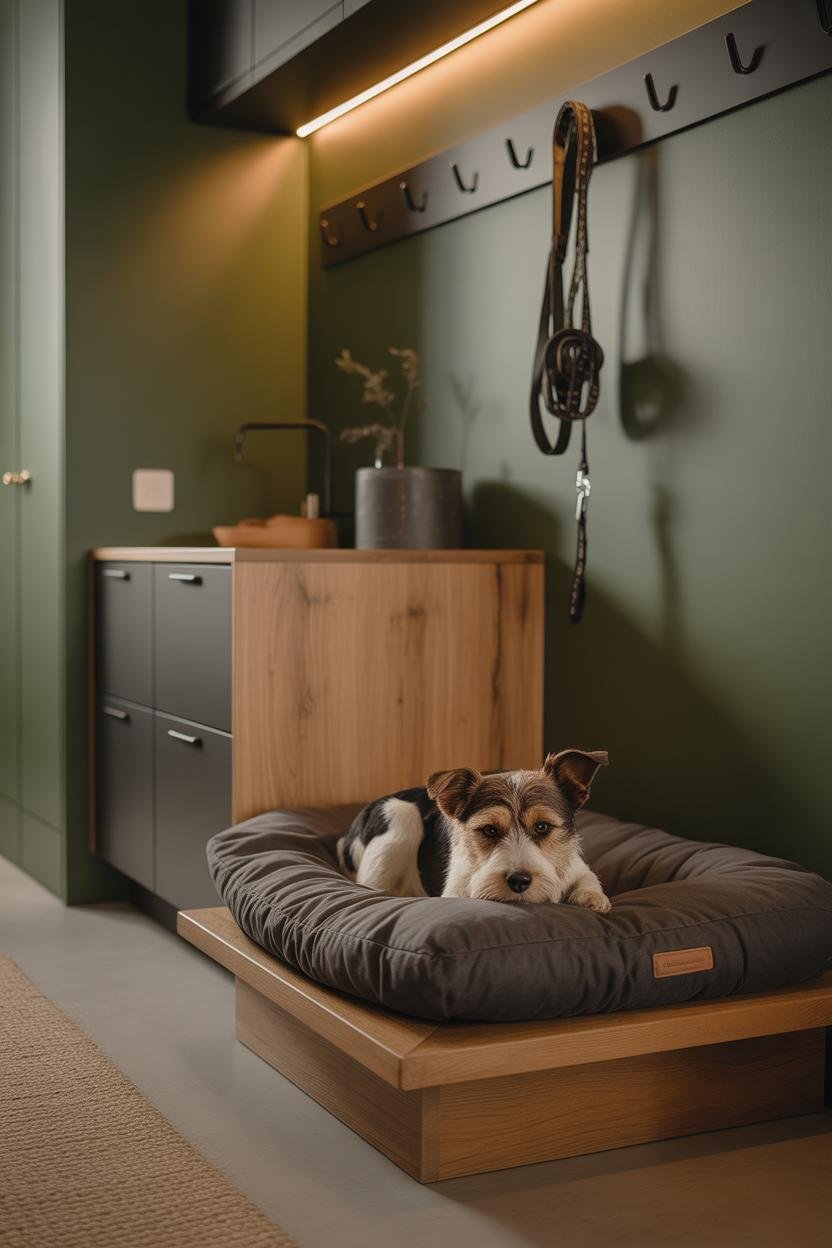 Modern entry with slim smoked-walnut console; beneath it a low, elevated wood platform bed with dark washable cushion; small