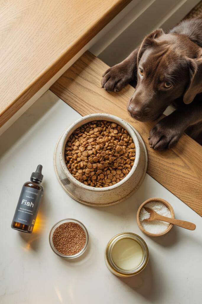 Overhead flat-lay of a stainless steel dog food bowl filled with kibble, surrounded by three key ingredients arranged artisti