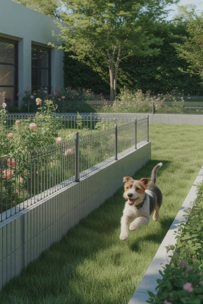 A border collie playing in an open lawn area with low decorative wrought iron fencing (20 inches high) protecting a rose gard