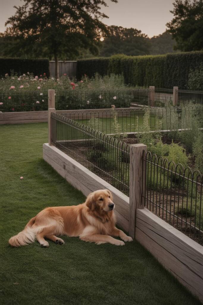 A border collie playing in an open lawn area with low decorative wrought iron fencing (20 inches high) protecting a rose gard