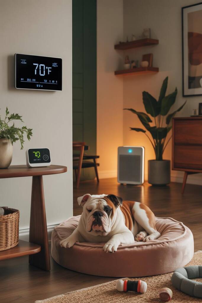 Cozy living room interior with an English Bulldog relaxing on a plush dog bed, visible digital thermostat on wall showing 70°