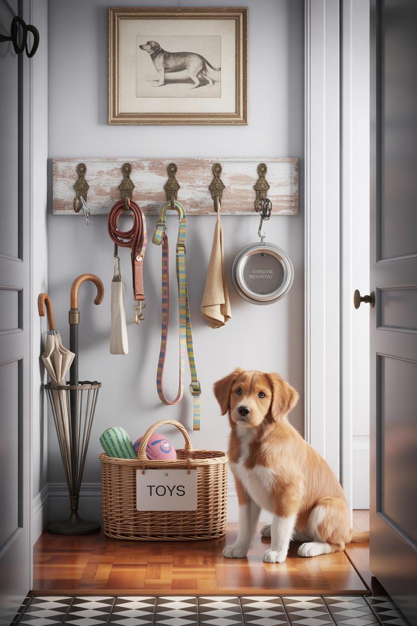 Vertical 2:3, foyer vignette: row of antique brass/enameled hooks on reclaimed board; neatly hung leather leash, harness, poo
