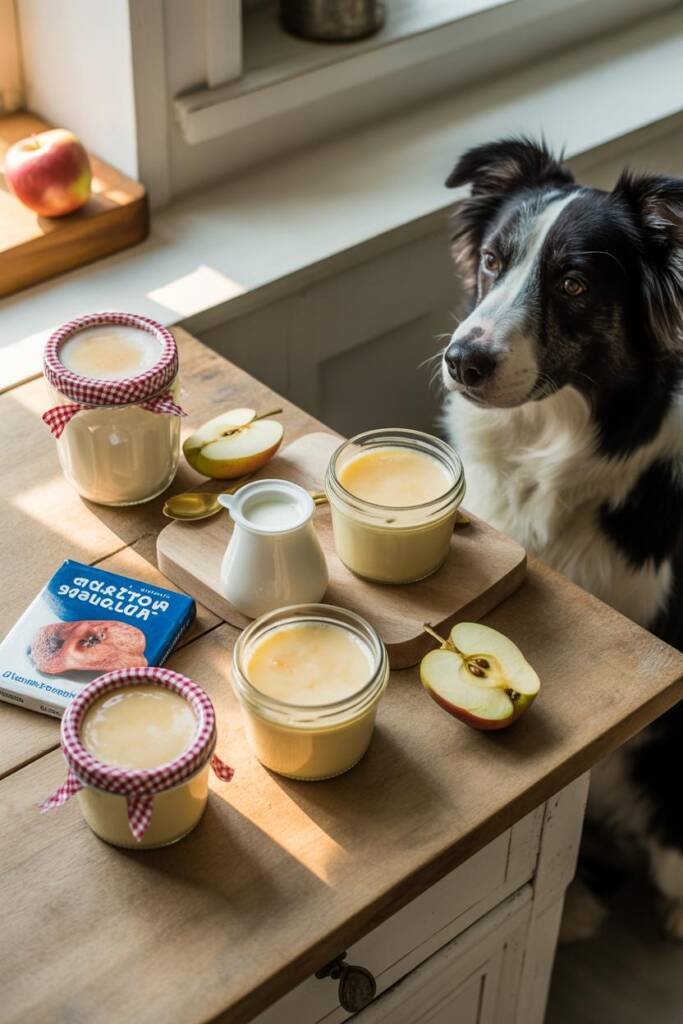 Sophisticated overhead shot of pale cream-colored panna cotta in small mason jars with gingham fabric tied around the lids. T
