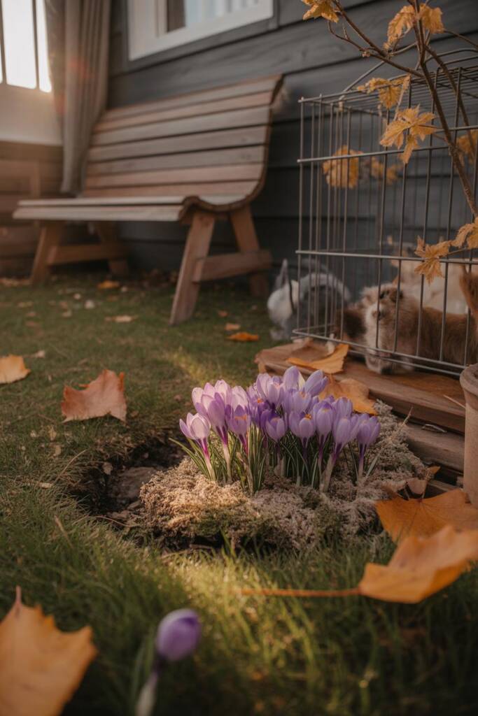 Purple autumn crocus flowers emerging from grass in late summer garden, distinctive goblet-shaped blooms without leaves, fall