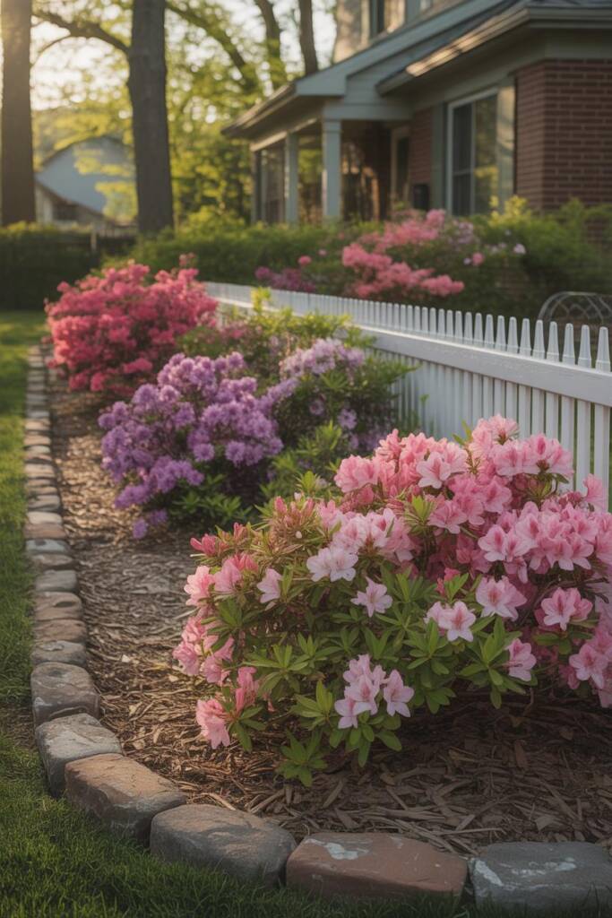 Lush pink and purple azalea bushes in full spring bloom lining a home's foundation, dense clusters of flowers against glossy