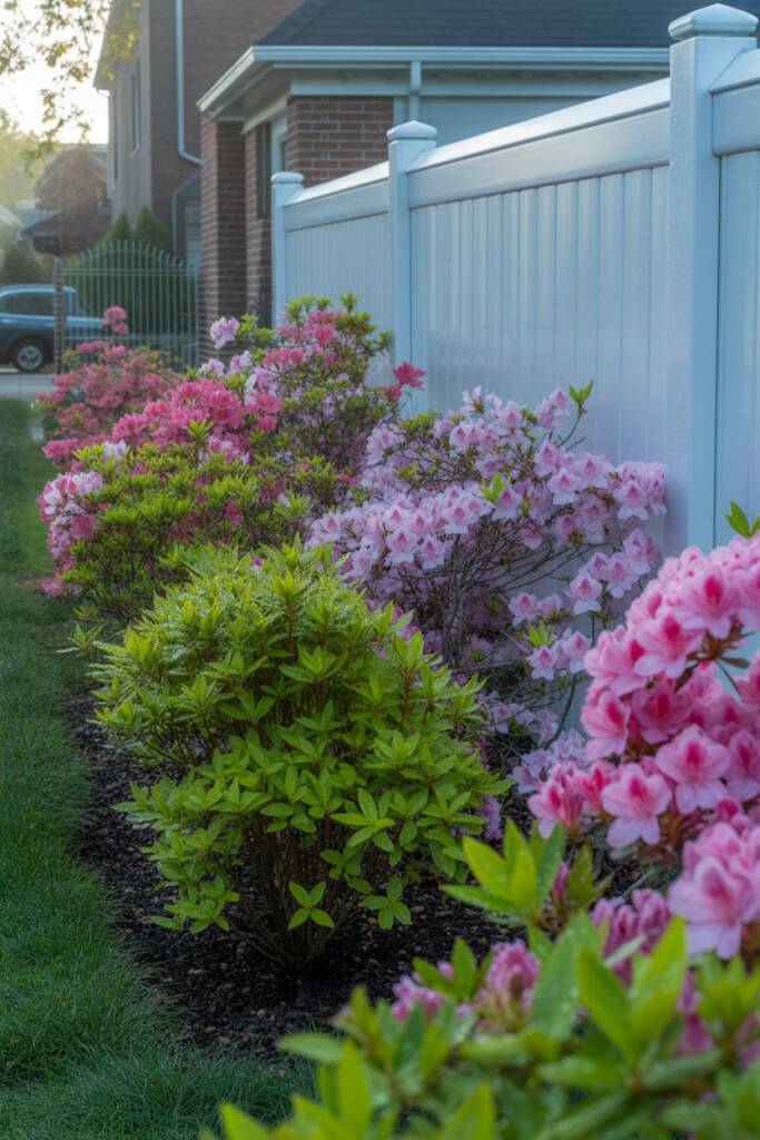 Lush pink and purple azalea bushes in full spring bloom lining a home's foundation, dense clusters of flowers against glossy