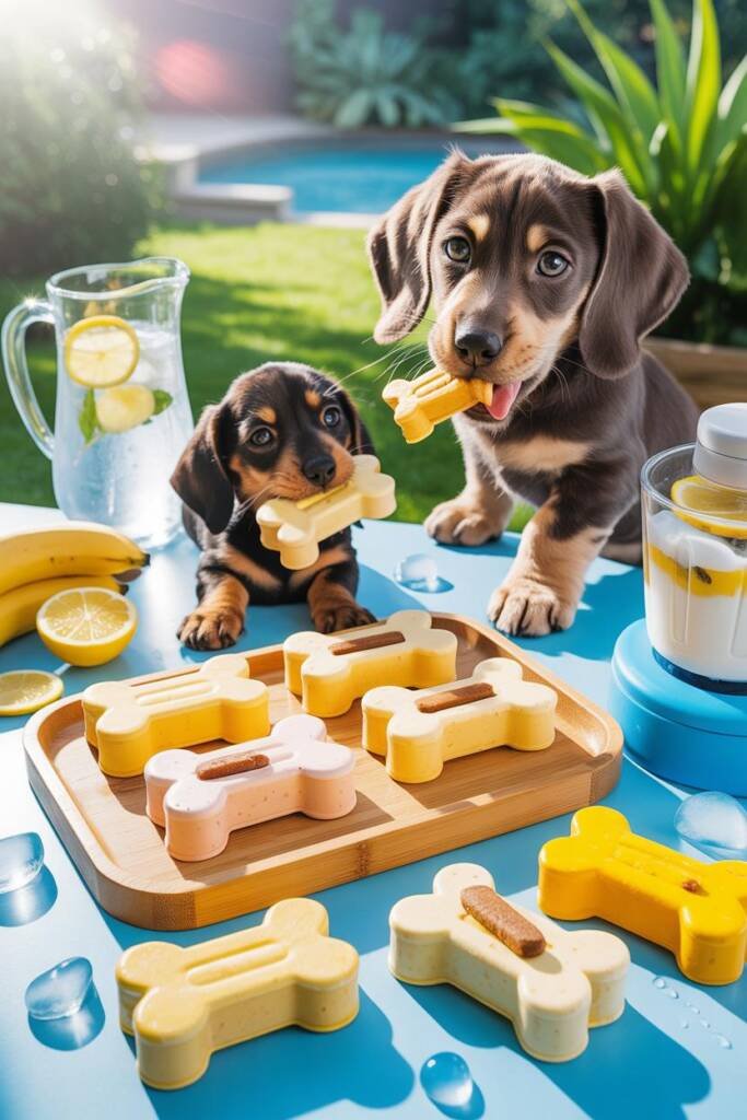 Bright, cheerful photograph of creamy banana-colored frozen treats in bone-shaped silicone molds on a sunny kitchen counter.
