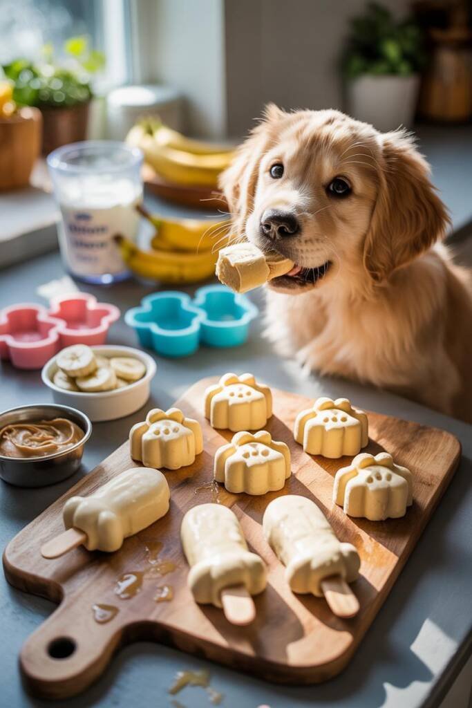 Bright, cheerful photograph of creamy banana-colored frozen treats in bone-shaped silicone molds on a sunny kitchen counter.