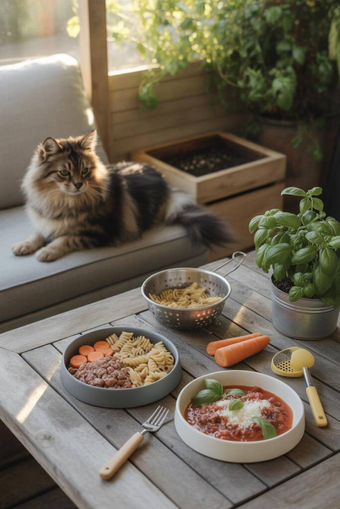 Two bowls side-by-side: dog portion with small pasta shapes, plain lean ground beef, steamed carrot coins (no sauce); human b