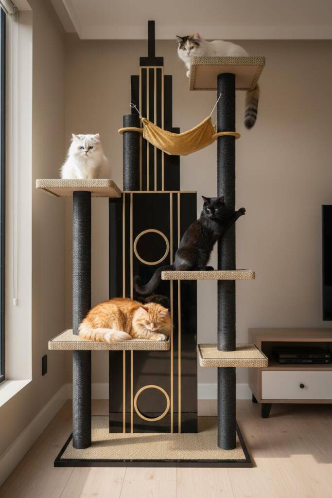 A dramatically tall floor-to-ceiling cat tree with sleek glossy black lacquered sisal scratching posts rising like a 1920s sk