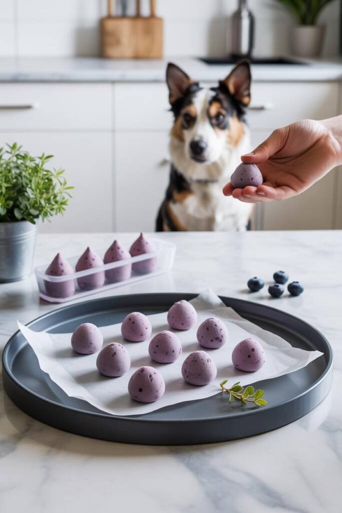 A clean, minimalist composition featuring nickel-sized purple-blue frozen yogurt drops arranged in neat rows on white parchme