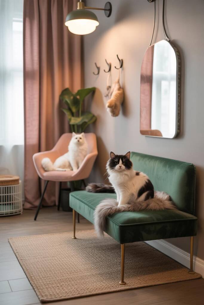 Sophisticated living room with forest green washable area rug, tuxedo cat lounging showing fur camouflage, blush pink perform