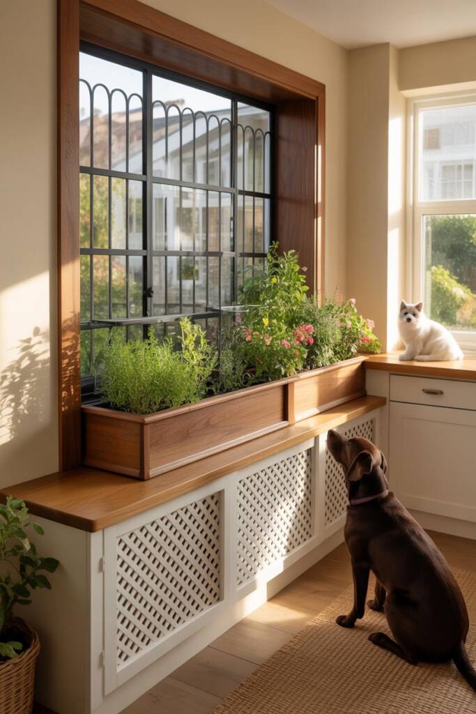 A bright kitchen featuring a bay window extended into a glass greenhouse box filled with fresh herbs and flowering plants. A