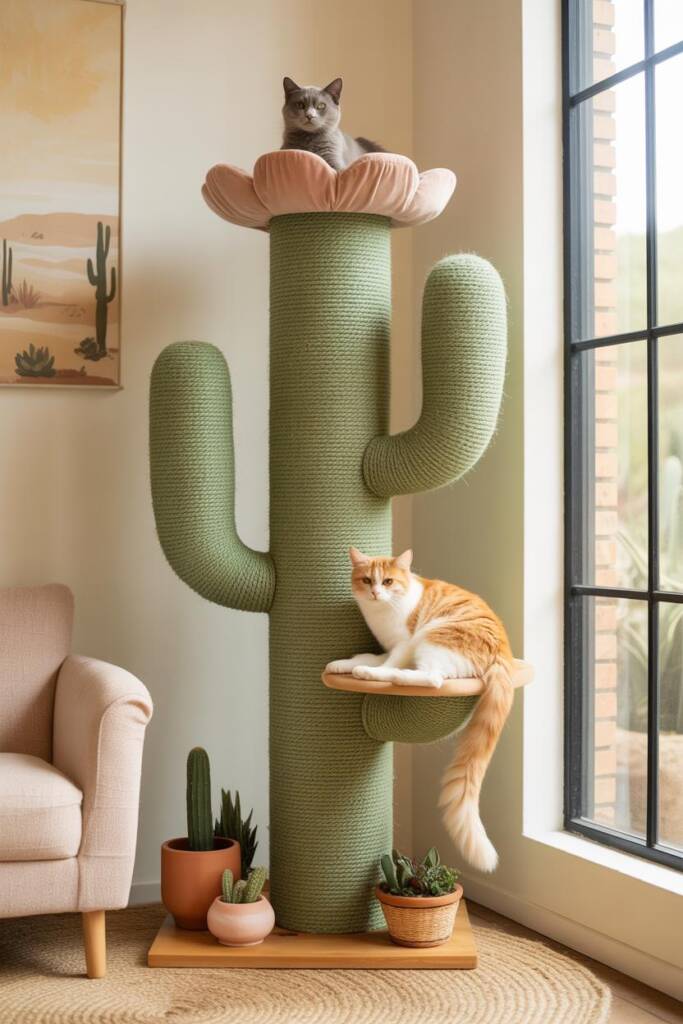 A tall sculptural cat tower shaped like an iconic saguaro cactus wrapped entirely in sage green sisal rope with realistic tex