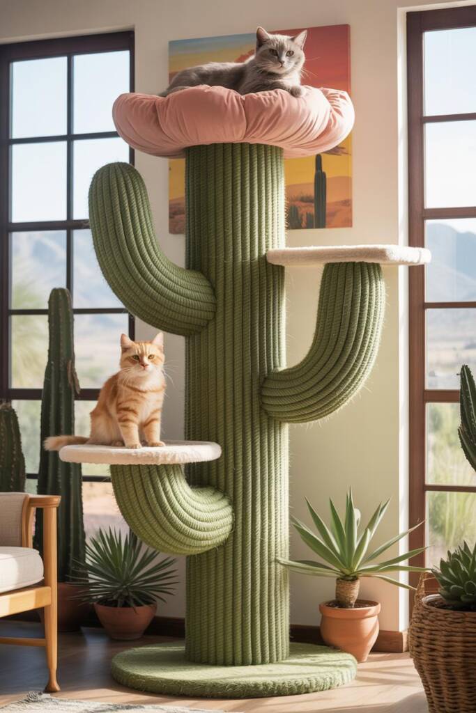 A tall sculptural cat tower shaped like an iconic saguaro cactus wrapped entirely in sage green sisal rope with realistic tex
